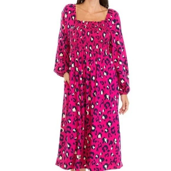 Crown and Ivy Pink Leopard Print Smocked Bodice Midi Dress NWT size XL - Picture 1 of 8